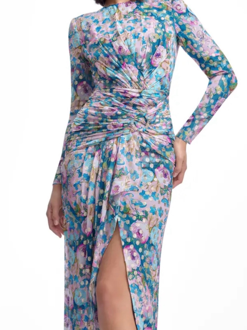 Dress the Population Floral Long Sleeve Ruched Maxi Dress in Blue and Pink